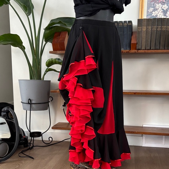 Spanish Flamenco Skirt Black Red Ruffled High Low Dance Costume S M - Picture 2 of 8